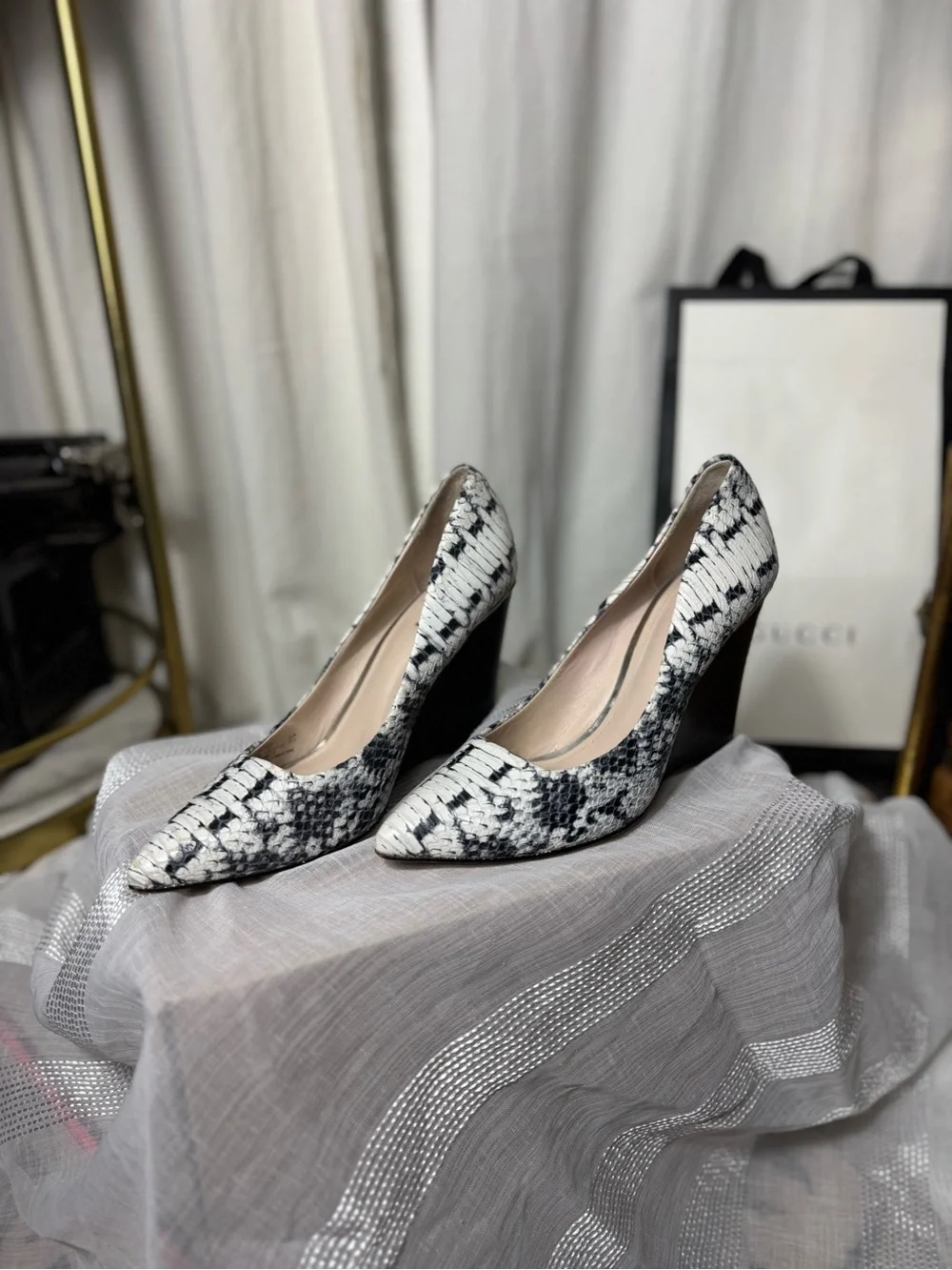 Coach Black and White Snakeskin Pointed Wedge Pumps